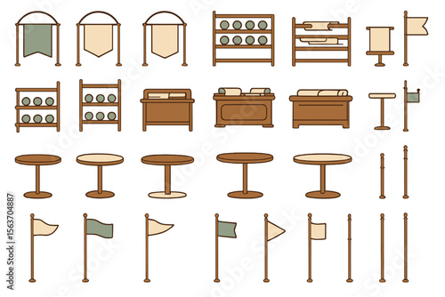 Set of medieval-style furniture and banner icons in brown palette