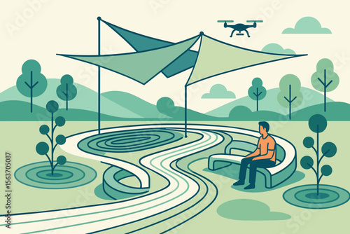 Illustration of a modern outdoor park with a winding path, shaded areas, a drone in the sky, and a person resting on a bench.