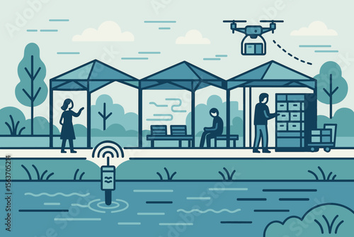 Illustration of a smart park hub with drone delivery and sensor technology