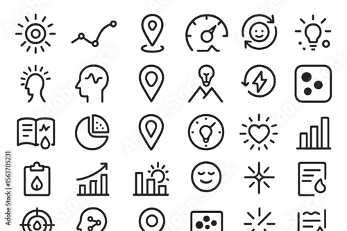 Set of simple icons representing concepts like energy, data, location, and growth.