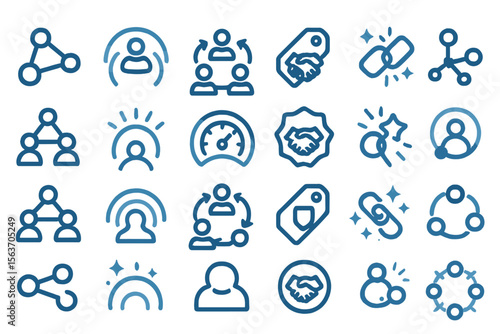 A set of 30 vector icons illustrating multiplayer interactions, connections, security, and collaboration, including linked users, handshake symbols, and secure tags.