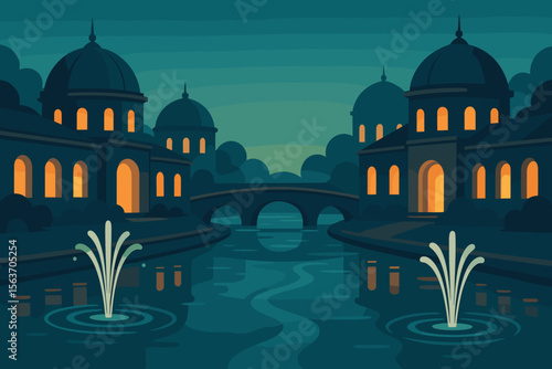 Flat vector illustration of a serene riverside palace at dusk