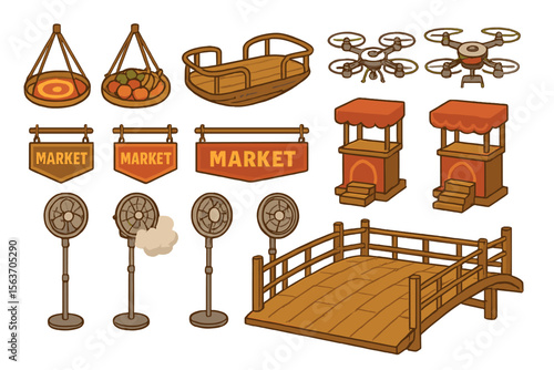 Hand-drawn market asset set with stalls, drones, fans, and bridge