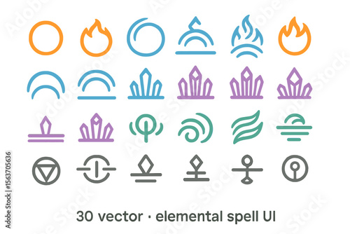 Set of colorful elemental spell icons for UI design