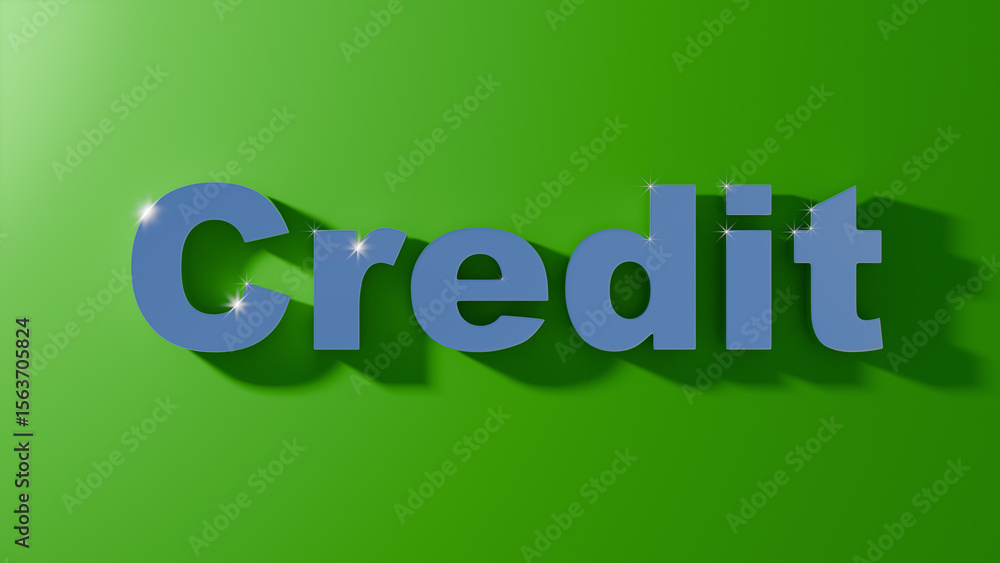 Fototapeta premium A blue 3D text spelling credit is set against a vibrant green background. Concept of financial literacy and economic awareness.