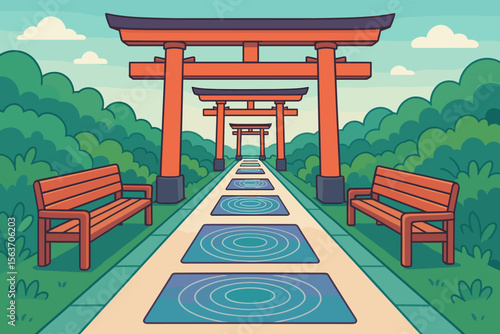 Cartoon pathway with torii gates and benches in green park setting