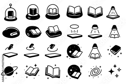 Set of black icons featuring books, lights, and floating symbols with a futuristic feel.