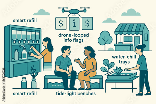 Futuristic public amenities concept with smart refill and drones