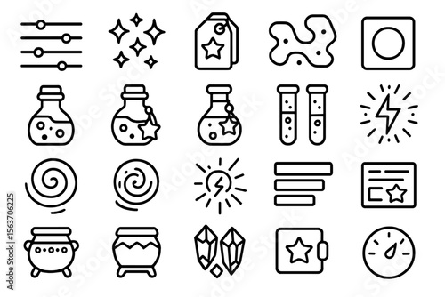 A collection of abstract and magical-themed icons including potions, crystals, and stars.