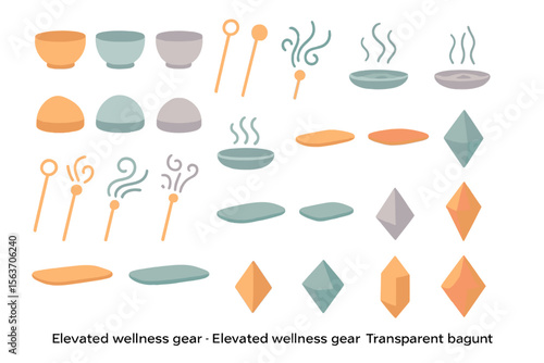 Illustration of wellness-related items including bowls, crystals, and steam symbols.