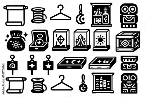 Set of black and white icons representing storage, treasures, and artifacts.