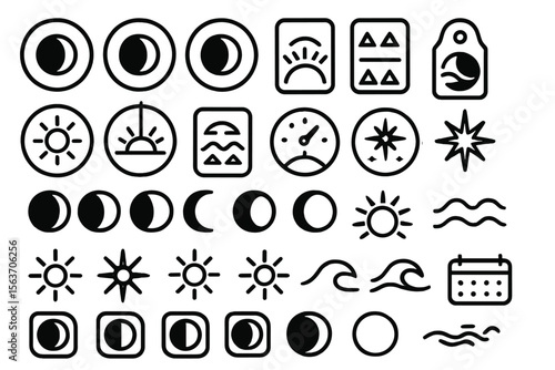 Set of black icons representing sun, moon, waves, and related symbols.