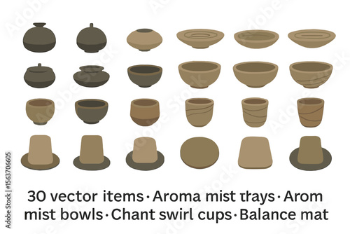 Vector set of 30 items including aroma mist trays, chant swirl cups, and balance mats.