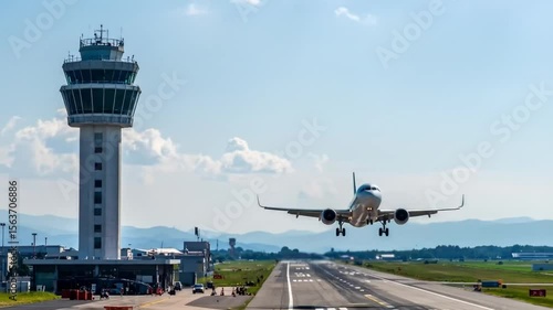 Airport control tower landing jet