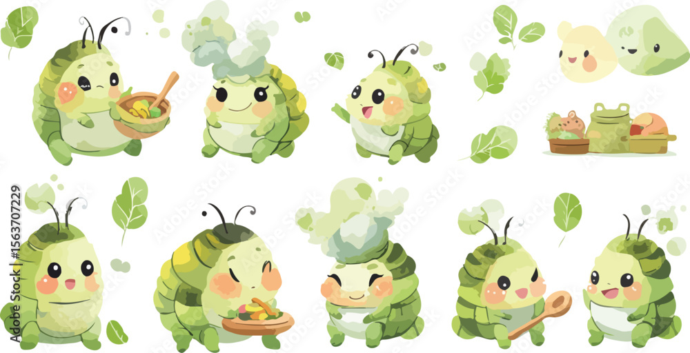 Obraz premium Cute Cartoon Caterpillars Cooking and Eating Salad Vector Illustration for Kids and Food Related Designs