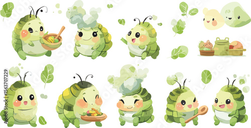 Cute Cartoon Caterpillars Cooking and Eating Salad Vector Illustration for Kids and Food Related Designs