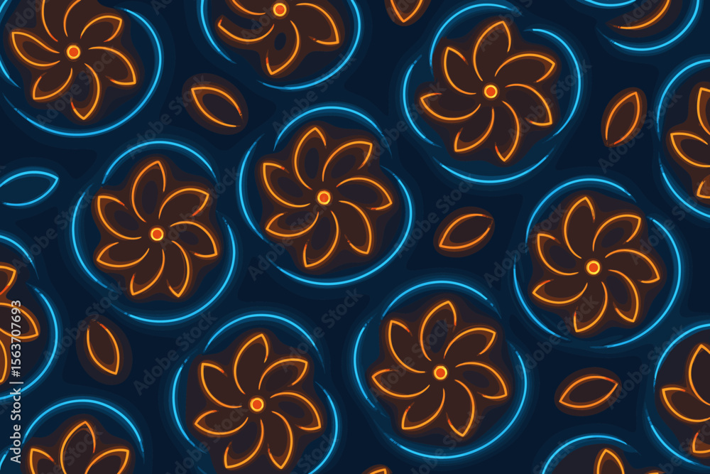 Fototapeta premium Seamless glowing floral pattern with orange petals and blue outlines