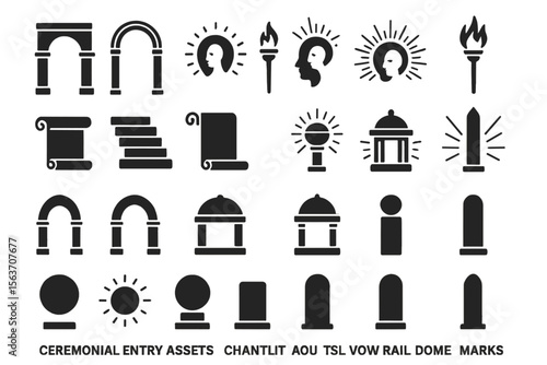 Set of ceremonial entry icons, including arches, torches, scrolls, and domes.