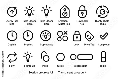 Outlined UI icon set with progress, toggles, locks, and light bulbs