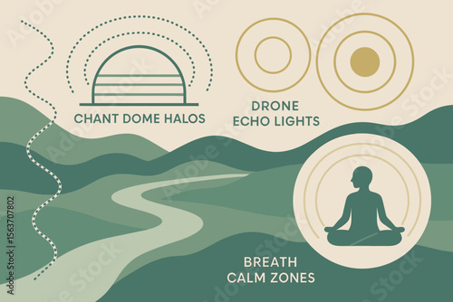 Minimalist wellness landscape with meditative zones and echo lights