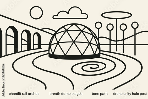 Minimalist futuristic landscape with labeled dome and abstract elements