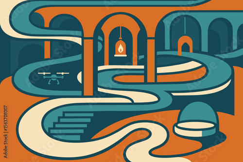 Stylized abstract landscape with arches, stairways, and a flying drone
