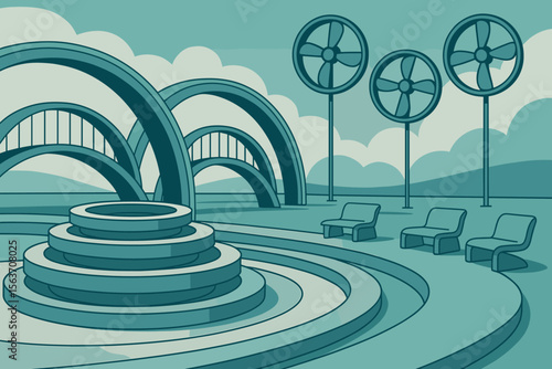 Surreal teal landscape with arches, lounge chairs, and wind turbines