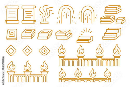 Bronze icon set with scrolls, flames, arches, and stacked elements