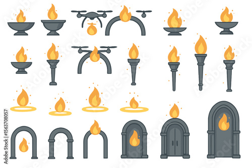 Mystical flame icons with torches, drones, and stone archways