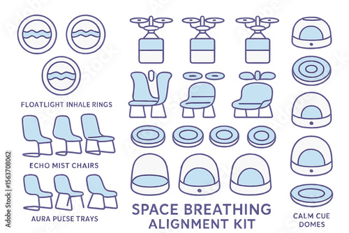 Colorful vector set of wellness tech icons labeled "Space Breathing Alignment Kit"
