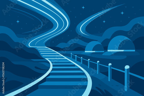 Futuristic night landscape with glowing path and starry sky