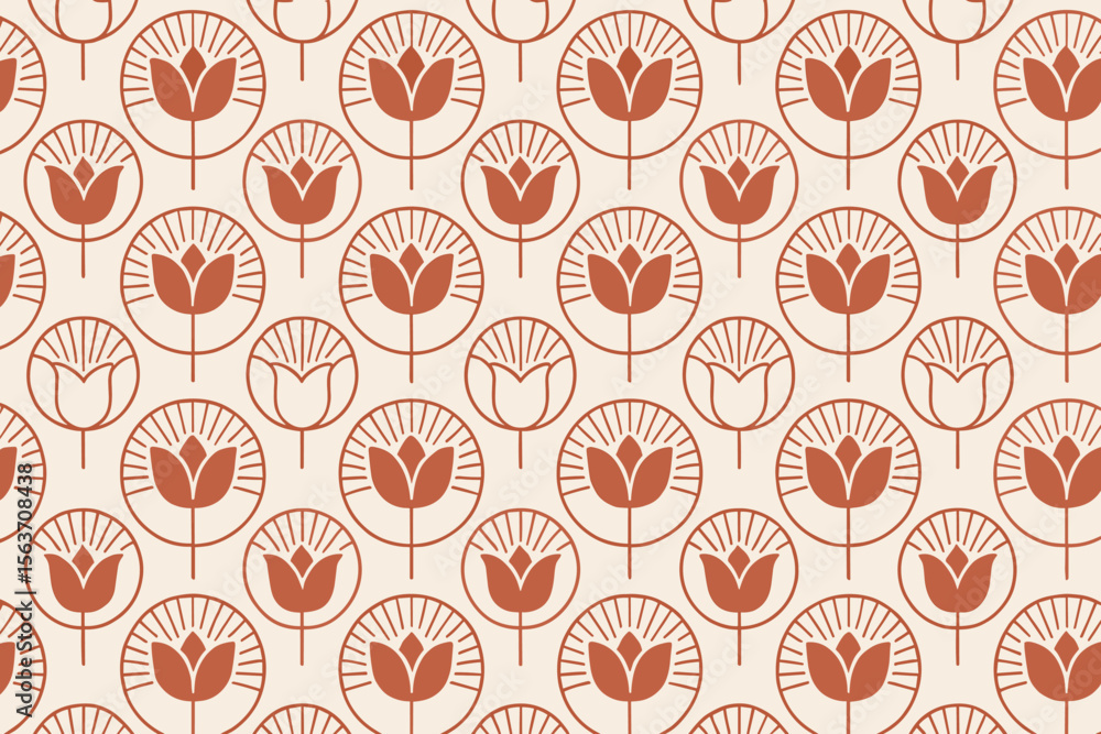 Seamless tulip pattern with sunburst circles in earthy red tones