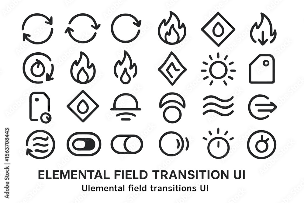 Outlined elemental UI icon set featuring fire, water, light, and motion Outlined elemental UI icon set featuring fire, water, light, and motion