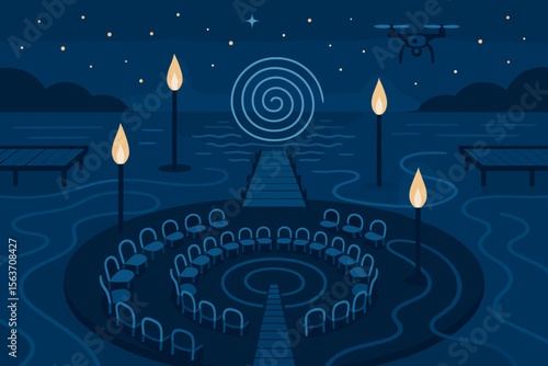 Nighttime lakeside ritual setup with spiral, torches, and drone