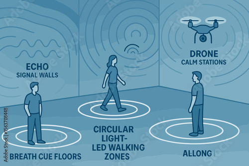 Illustration of smart room with sensory walking zones, echo walls, and calming drone stations