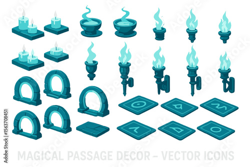Magical passage vector icons with glowing flames, arches, and runes