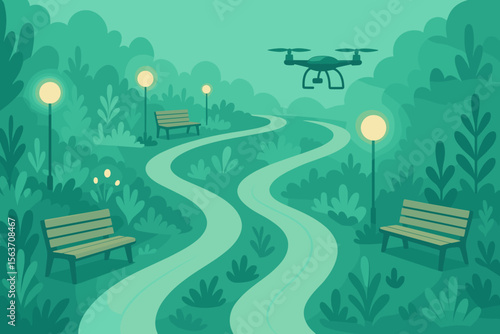 Futuristic park path with benches, glowing lamps, and a hovering drone