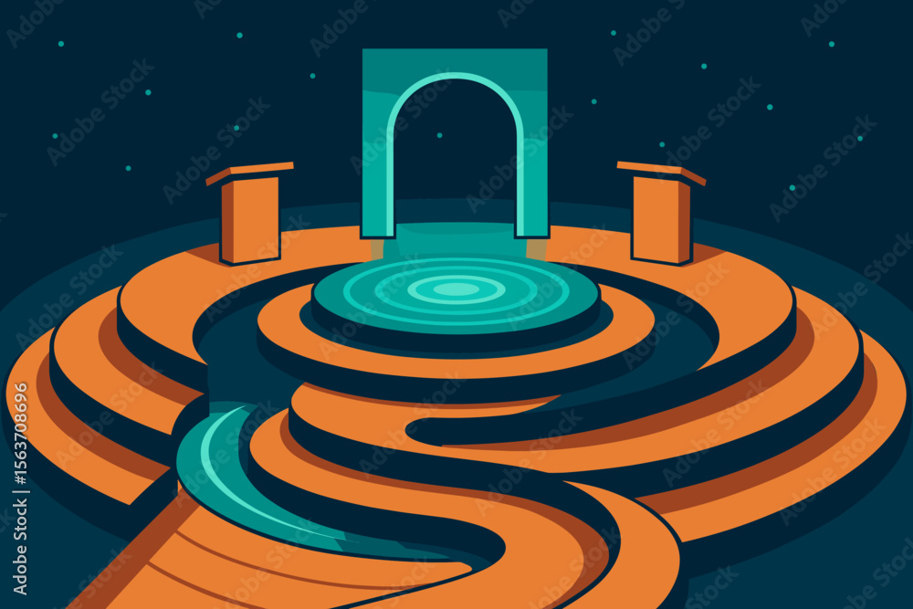 Fototapeta premium Isometric debate stage with curved path and abstract archway