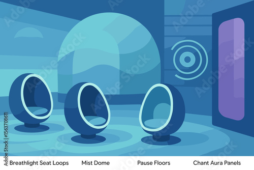 Futuristic wellness room with labeled seating pods, mist dome, and interactive panels