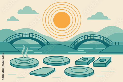 Minimalist hot spring landscape with bridges and abstract stones