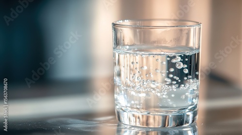 Wallpaper Mural A clear glass filled with sparkling water, showing bubbles rising through the liquid on a reflective surface. Torontodigital.ca