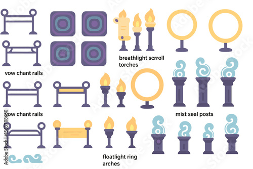 Fantasy UI icons with glowing torches, scrolls, rings, and arcane posts