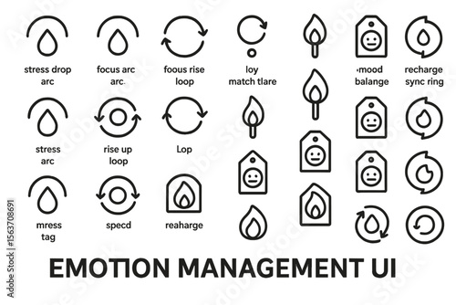 Dark-themed emotion management UI icons with symbolic labels