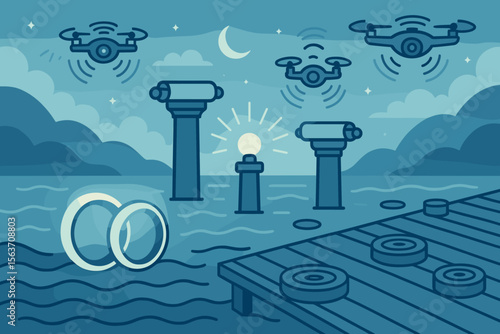 Futuristic nighttime pier scene with vow rings, drones, pillars, and beacon