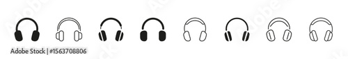 Minimalist headphones icon set in linear and solid style. Collection of audio headset symbols for music, sound, podcast, tech support, and multimedia applications. Vector illustration