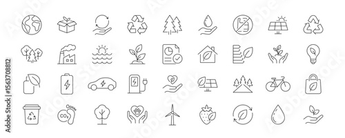 A modern set of 36 clean, minimalist outline vector icons on the theme of ecology, recycling, and sustainability. Vector illustration.