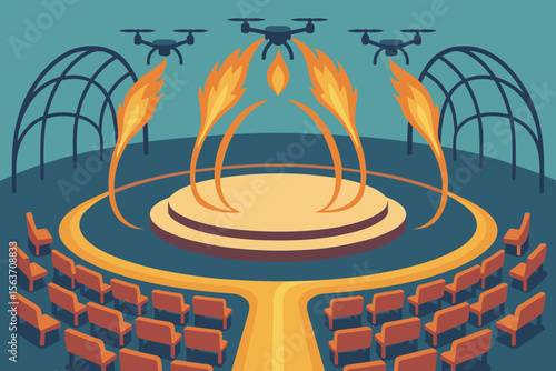 Futuristic auditorium with drones projecting flames over central stage