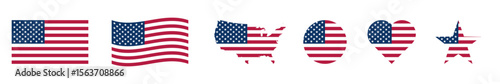 USA flag icon set. USA flag banner. Stripes flags united states with stars. American national symbol. Flags integrated into various shapes. Vector illustration.