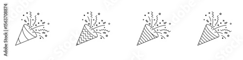 Confetti popper icon set. Festive collection of party popper icons with various fill patterns and exploding elements like stars, dots, and streamers. Vector illustration.