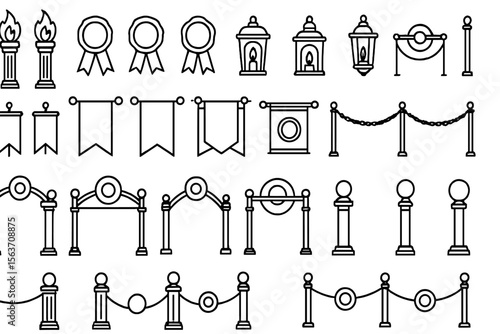 Vector icon set with banners, columns, lanterns, and ceremonial barriers